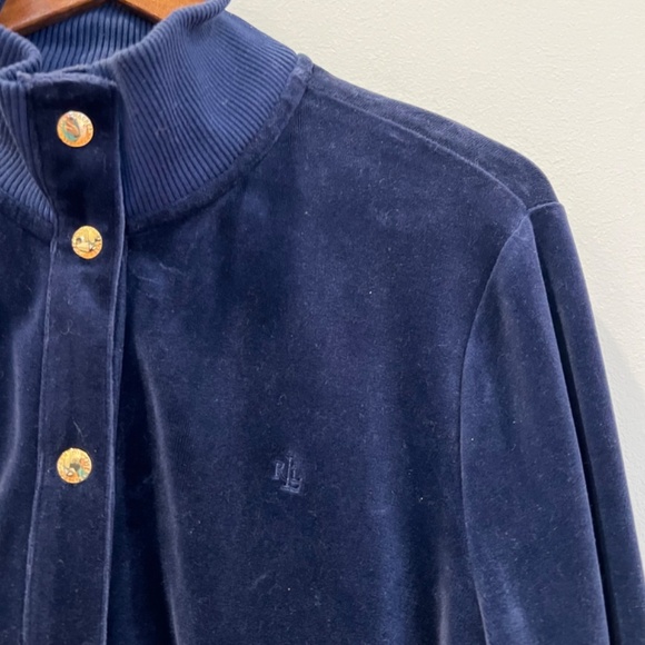 Lauren Ralph Lauren Velour Velvet Jacket Womens Large Blue Gold Buttons Comfy - Picture 3 of 10